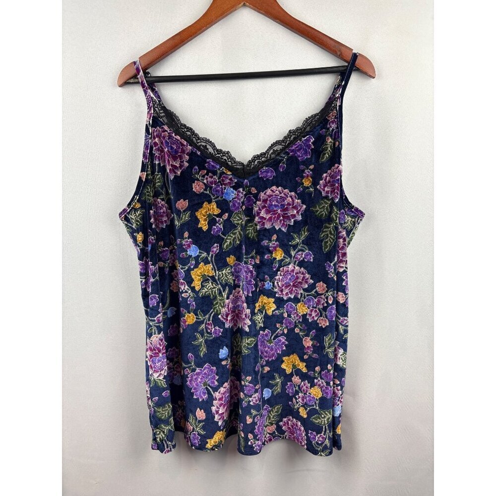 Women’s Torrid Size 1XL Blue & Multicolored Floral Printed Velvet Tank with Lace